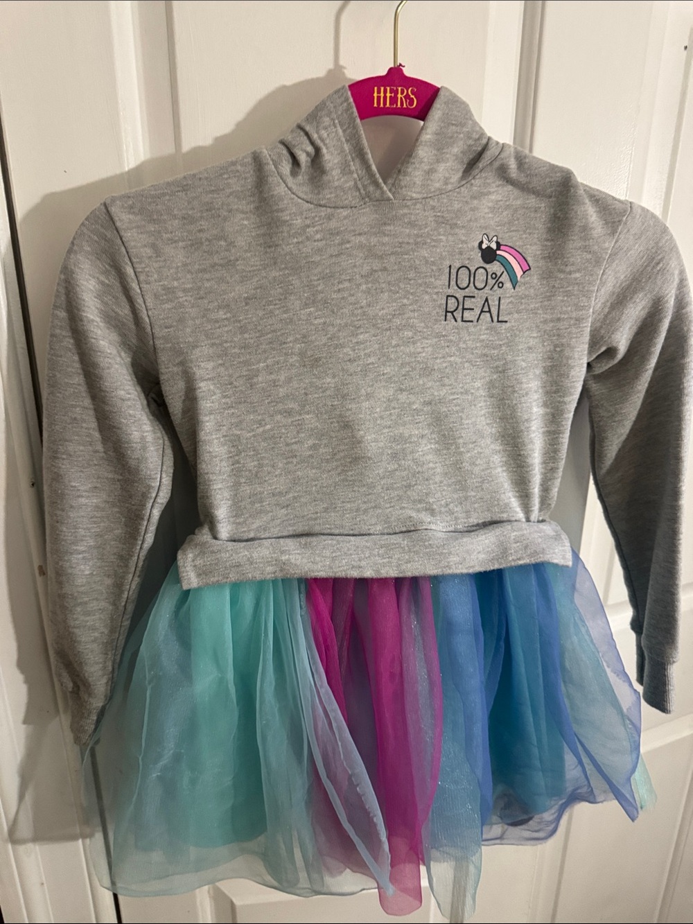 Girls Disney Gray Hoodie Dress with Rainbow Tulle Skirt - 100% Real
